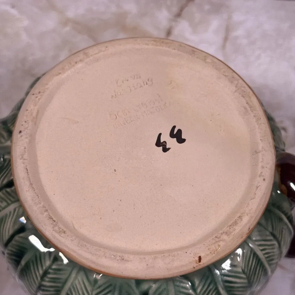 Nouveau Majolica Teapot Pink with Green Leaves Snail on Lid